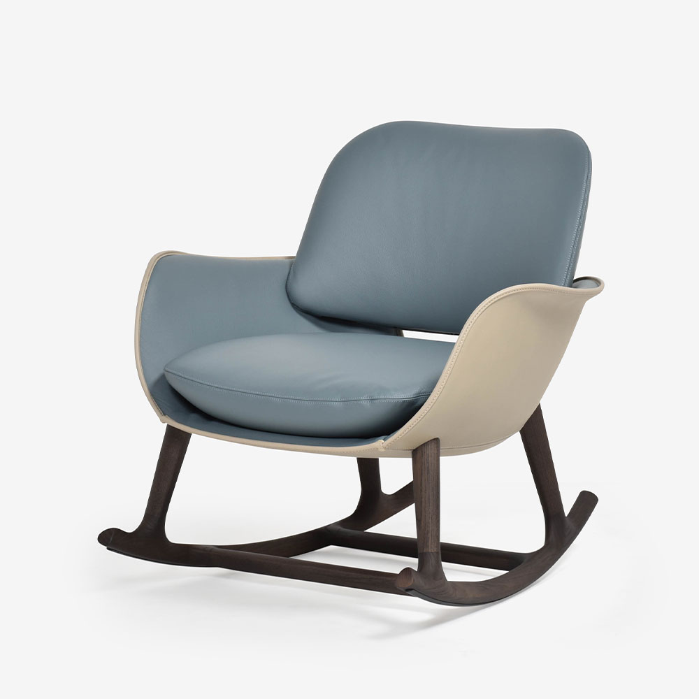 PoltronaFrau（ポルトローナ・フラウ）ロッキングチェア「Martha」革ブルーグレー＃SC254 Steel Blue/革コルダ＃Corda 脚アッシュ材 モカ色